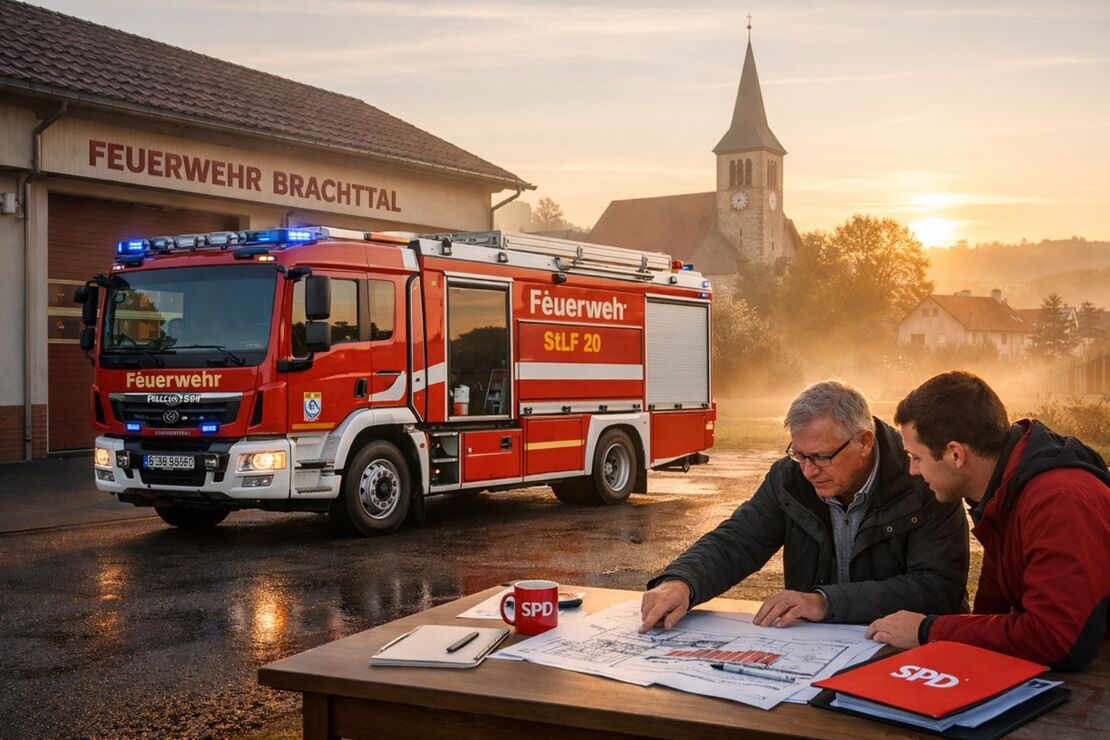 neues Feuerwehrauto vor der Wache Schlierbach mit Planern der SPD im Vordergrund