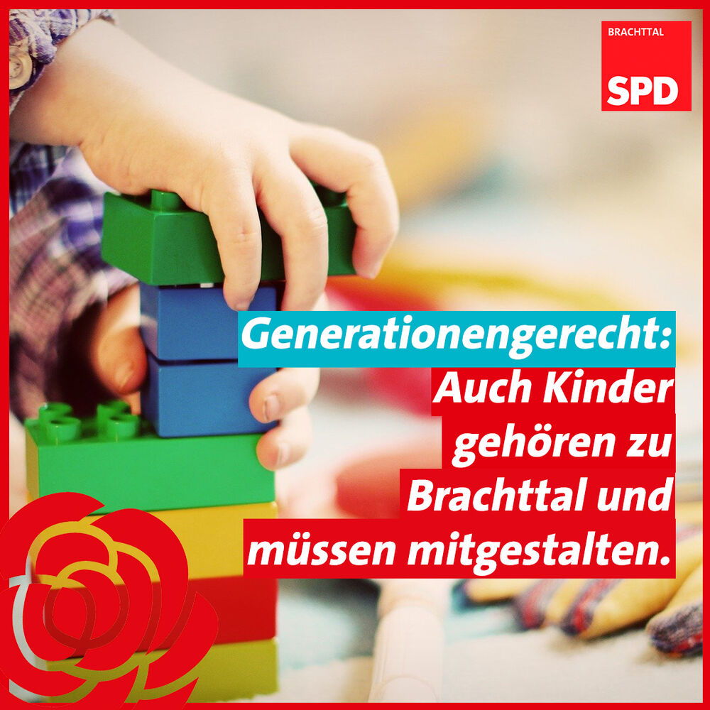 ein Kind baut mit Bauklätzen. Davor der Text: "Generationengerecht: Auch Kinder gehören zu Brachttal und müssen mitgestalten".